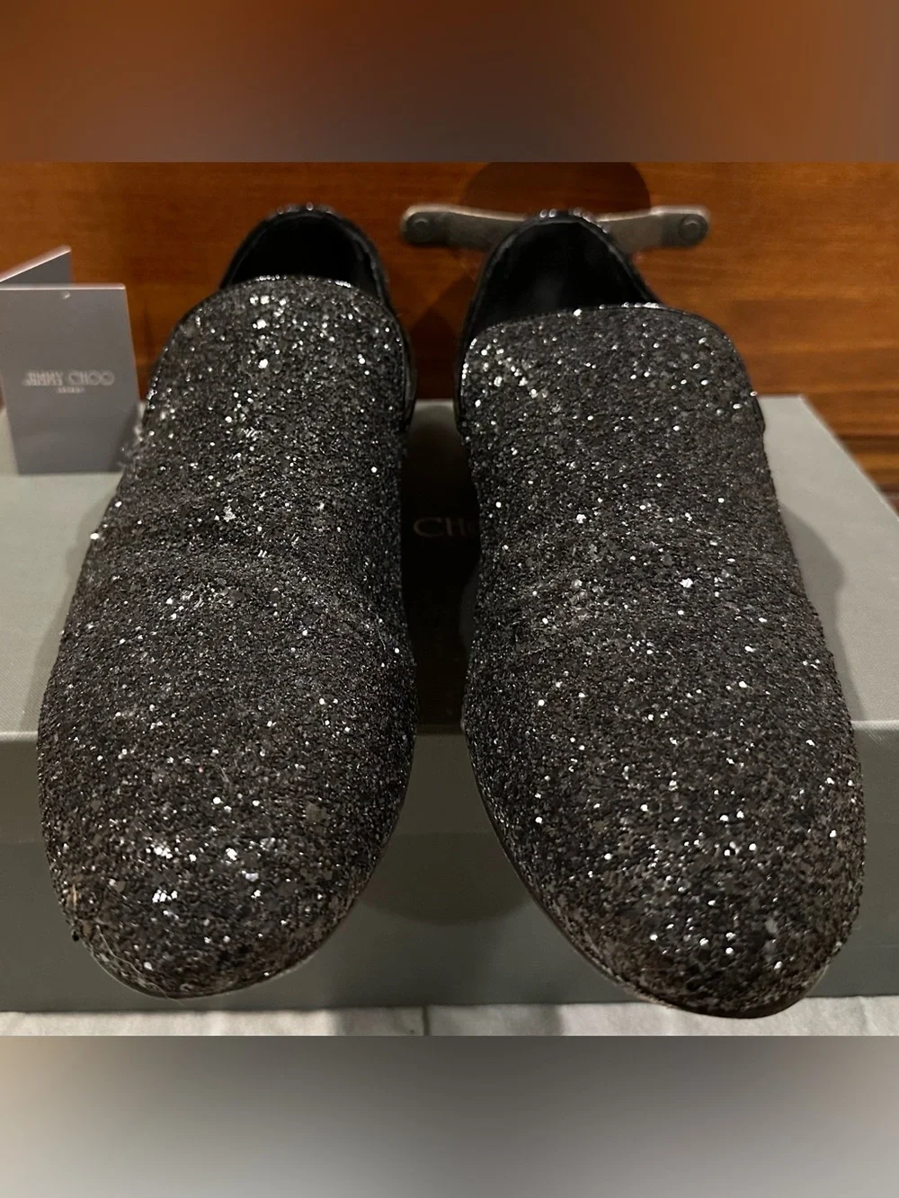 Jimmy Choo Sloane Men’s Black Glitter Slip-On Loafers Size 12M